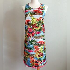 Nicole Miller Tropical Vacation Print Dress with Open Back and Pom Pom Details